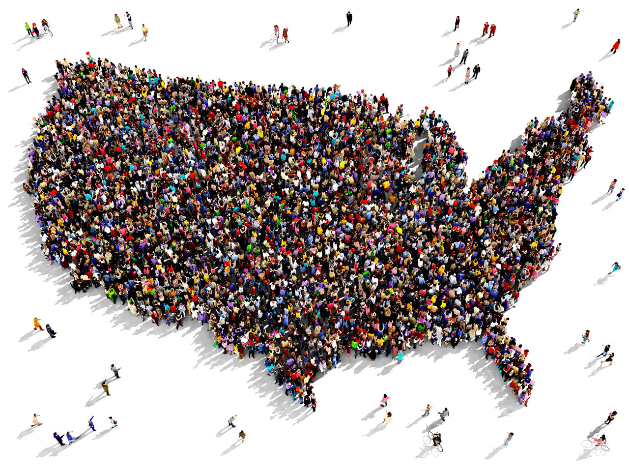 Large group of people seen from above gathered together in the shape of United States of America map
